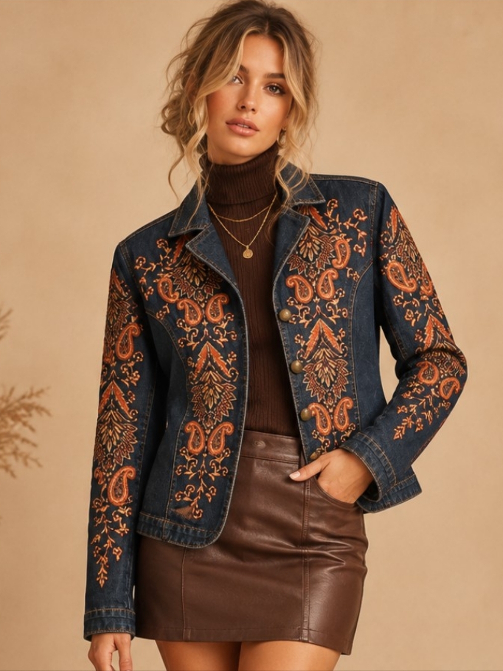 Dark Wash Denim Boho Embroidered Paisley Tailored Jean Jacket Coat Medium EUC